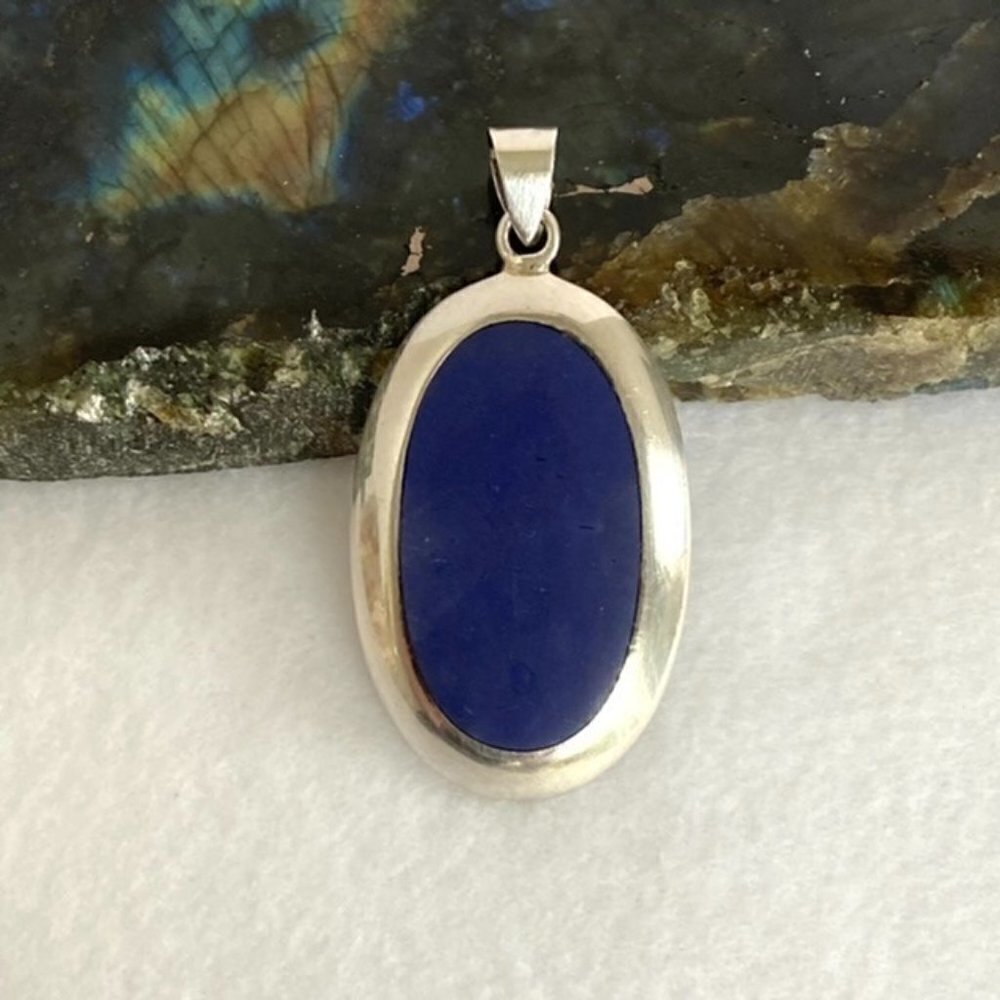 Sterling Silver 925 1.91" Oval Faux Lapis Pendant 9g Thai SX Sally C. Treasures